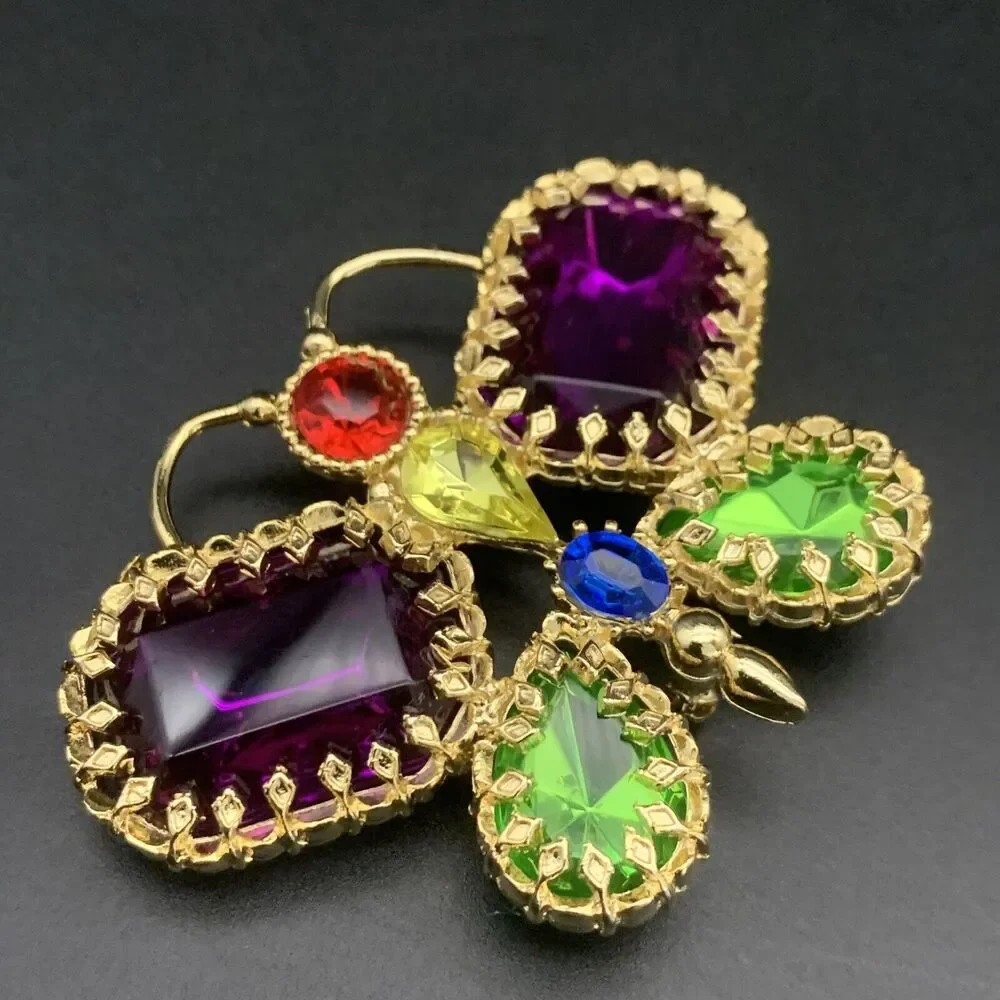 Vintage Rhinestone Butterfly Brooch Gold Tone Purple Green Red Yellow Blue